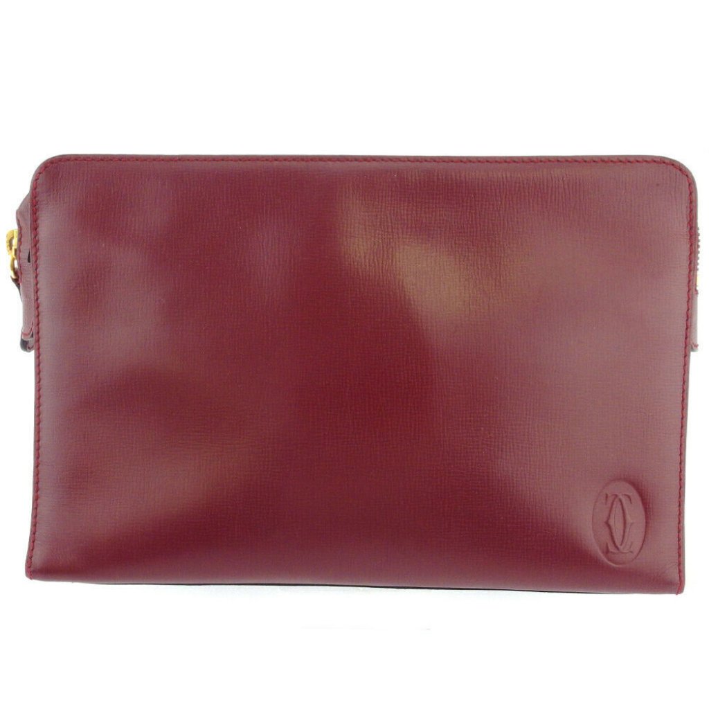 Cartier Clutch Bag Mast Line Bordeaux Leather Auth Used E1619